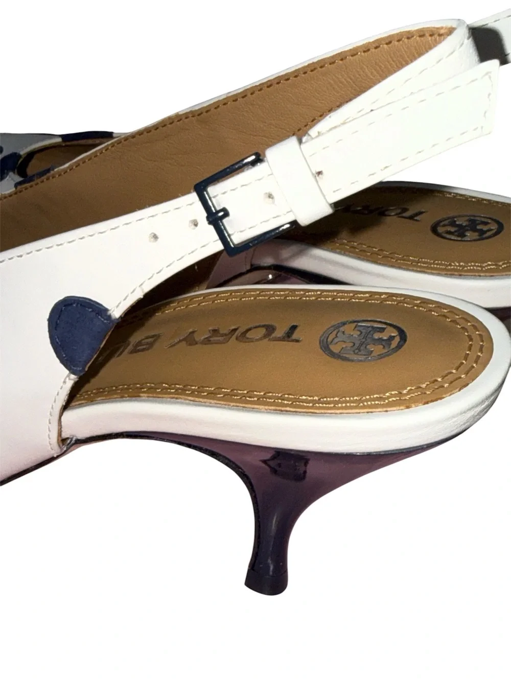 Tory Burch White Slingback Heels with Navy Polka Dots